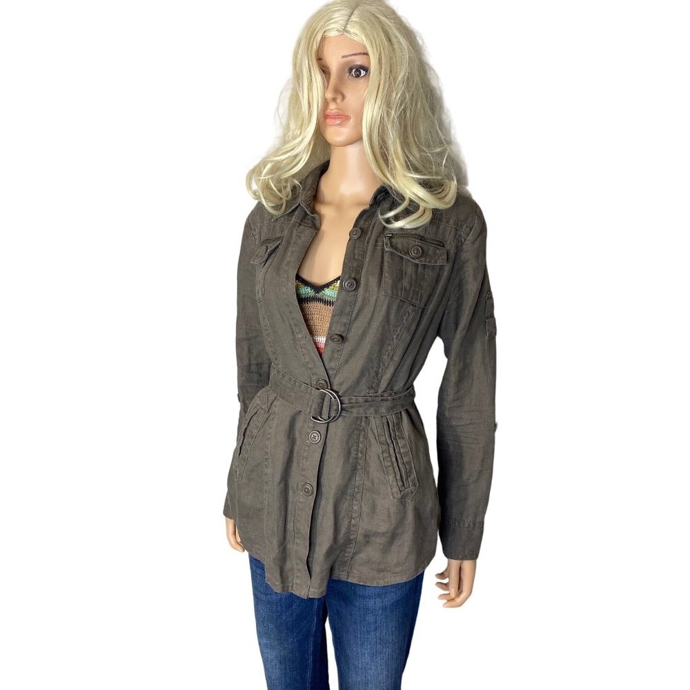 CAbi Utility Sahara Jacket 100% Linen Khaki Brown #856 Size M Button Front Belt - Picture 2 of 16